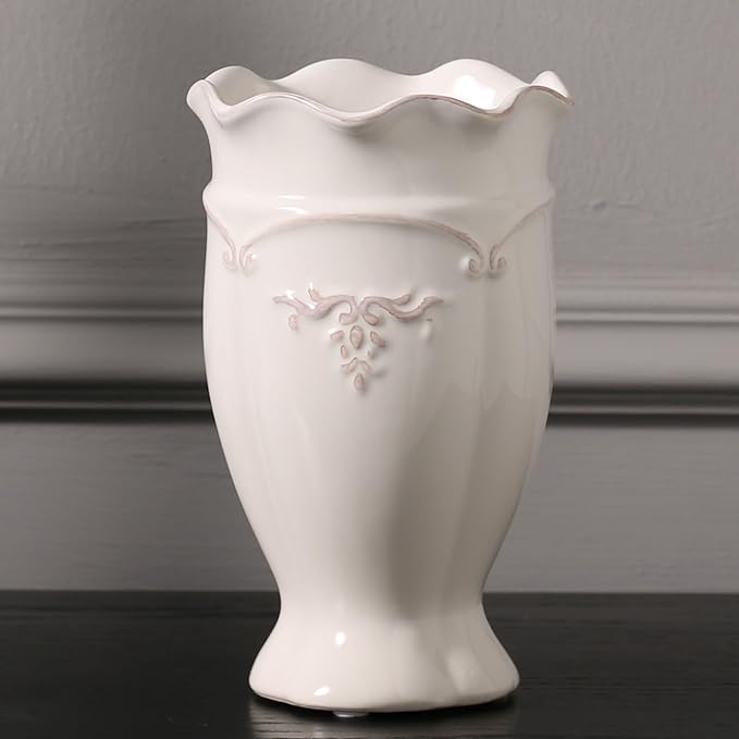 hjn White Vase for Flowers, Ceramic vase for Home Decor French Rustic Vase for Kitchen/Table/Living Room/Shelf/Mantel/Office-Height-6.8"