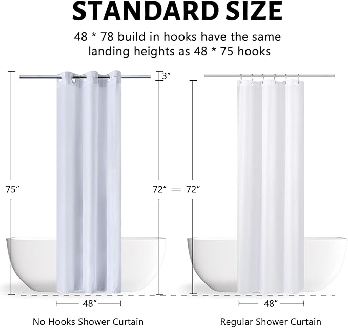 Furlinic White No Hook Small Stall Shower Curtain 48x78 Inch,Half Narrow Size Polyester Fabric Bathroom Curtains with 6 Plastic Split Grommets,Hotel Quality Waterproof Washable Bath Curtain