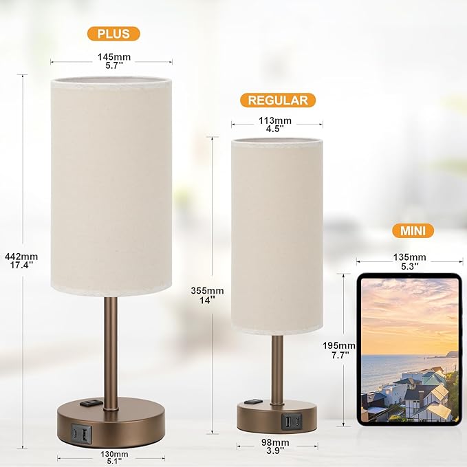 Touch Table Lamp - Beige, 3-Way Dimmable, USB A + C Charging, AC Outlet, 17.4inch Medium, Brown Metal Base