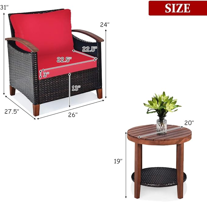 Tangkula 3 Pieces Patio Furniture Set, Outdoor Rattan Sofa and Side Table w/Solid Acacia Wood Frame, High Load Bearing Conversation Bistro Set w/Washable and Removable Cushions (Red)