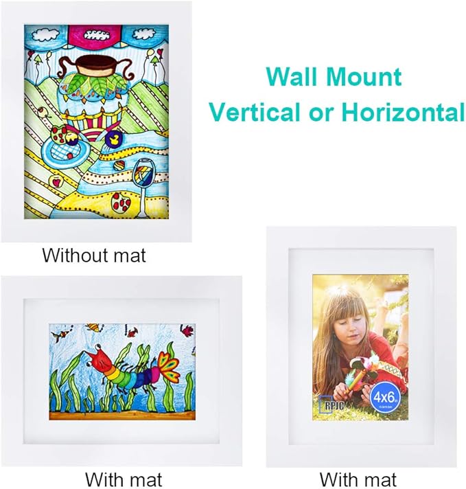 RPJC 6x8 inch Picture Frame Made of Solid Wood and High Definition Glass Display Pictures 4x6 with Mat or 6x8 Without Mat for Wall Mounting Photo Frame White