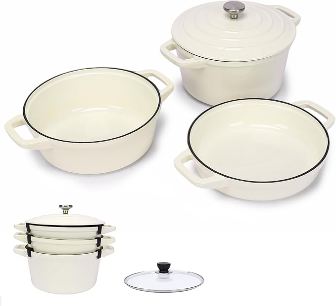 Hisencn Stackable Enamel Cookware Set, 5-Piece – 5.2QT Pot with Lid, 10-in Skillet, 4QT Frying Pan with Universal Glass Lid, Space-Saving Design, Oven and Stovetop Safe (Up to 500°F), Cream White