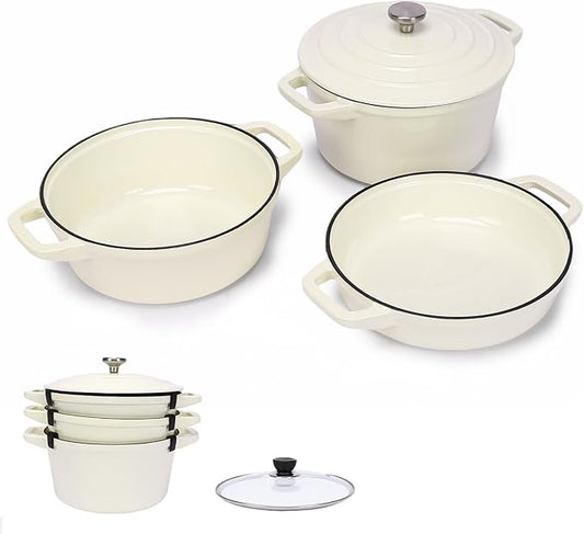 Hisencn Stackable Enamel Cookware Set, 5-Piece – 5.2QT Pot with Lid, 10-in Skillet, 4QT Frying Pan with Universal Glass Lid, Space-Saving Design, Oven and Stovetop Safe (Up to 500°F), Cream White