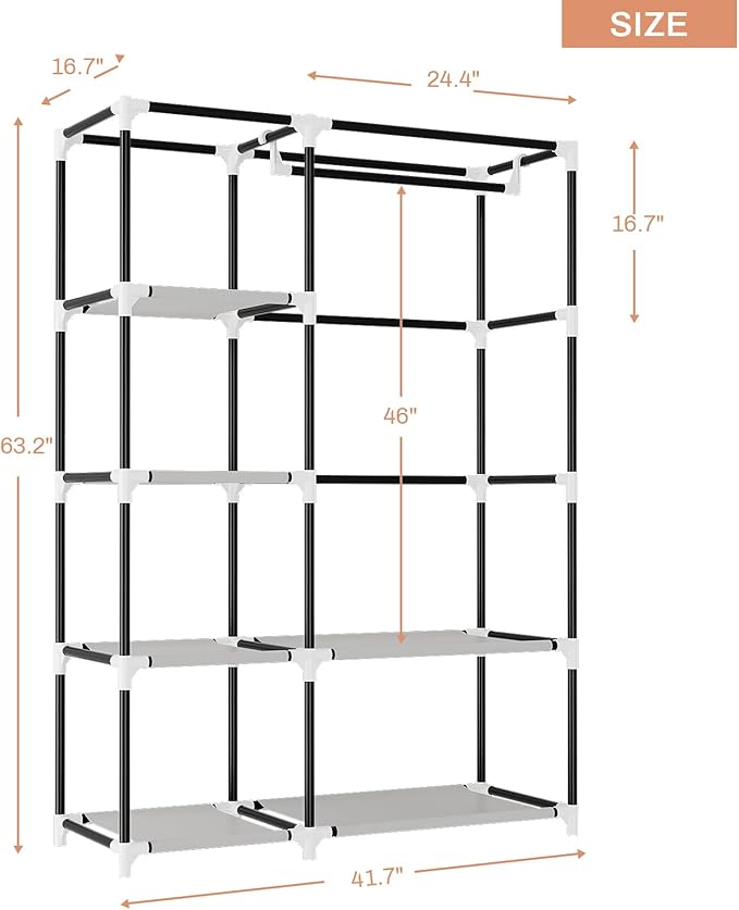 VTRIN Wardrobe Closet, 41.7 Inch Wide Portable Closets for Hanging Clothes with 1 Hanging Rod, 6 Shelves, 6 Pockets, Clothes Rack with Cover Portable Wardrobe Closet for Bedroom, Dorm, Black