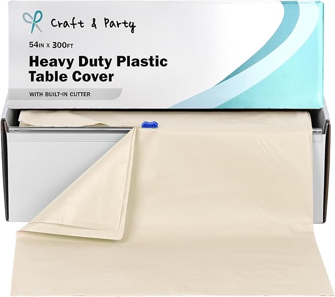 Craft And Party, 54 in x 300 feet Plastic Table Cover Roll for Party, Banquet, Picnic, Kids Activities for Any Size and Shape Table (Ivory, 54" x 300ft)