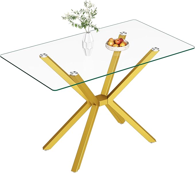 Modern Rectangular Glass Dining Table with Tempered Glass Top and Metal Legs - Perfect for Home, Kitchen, Dining Room