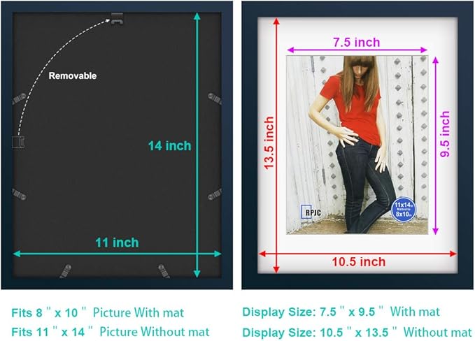 RPJC 11x14 inch Picture Frame Made of Solid Wood and High Definition Glass Display Pictures 8x10 with Mat or 11x14 Without Mat for Wall Mounting Photo Frame Jazz Blue