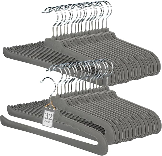 Velvet Non Slip Felt Pants Hangers, 32 Pack - Slim & Sleek Heavy Duty Space Saving Closet Hangers with 360 Swivel Hook - Tank Top, Suit Pants, Towel (Grey)