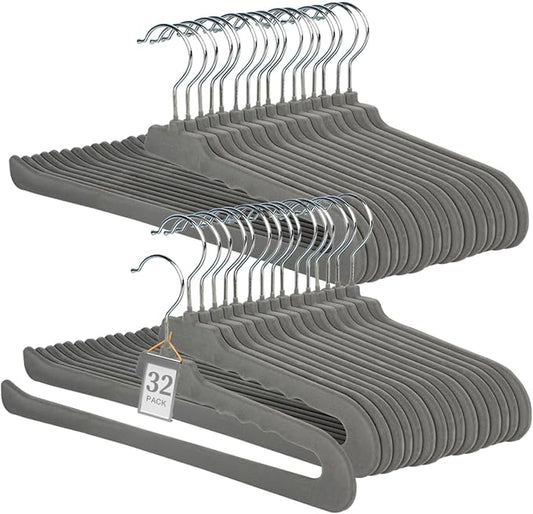 Velvet Non Slip Felt Pants Hangers, 32 Pack - Slim & Sleek Heavy Duty Space Saving Closet Hangers with 360 Swivel Hook - Tank Top, Suit Pants, Towel (Grey)