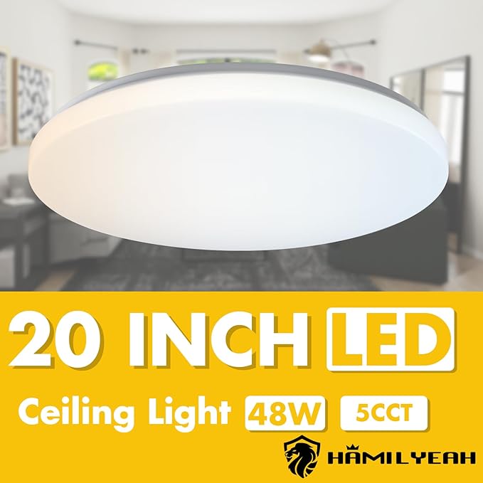Hamilyeah 20 inch Ceiling Light Flush Mount 48W, Dimmable LED Ceiling Light Fixture, Simple Close to Ceiling Light 5CCT for Living Room, Dining Room, Bedroom, Hotel, Office
