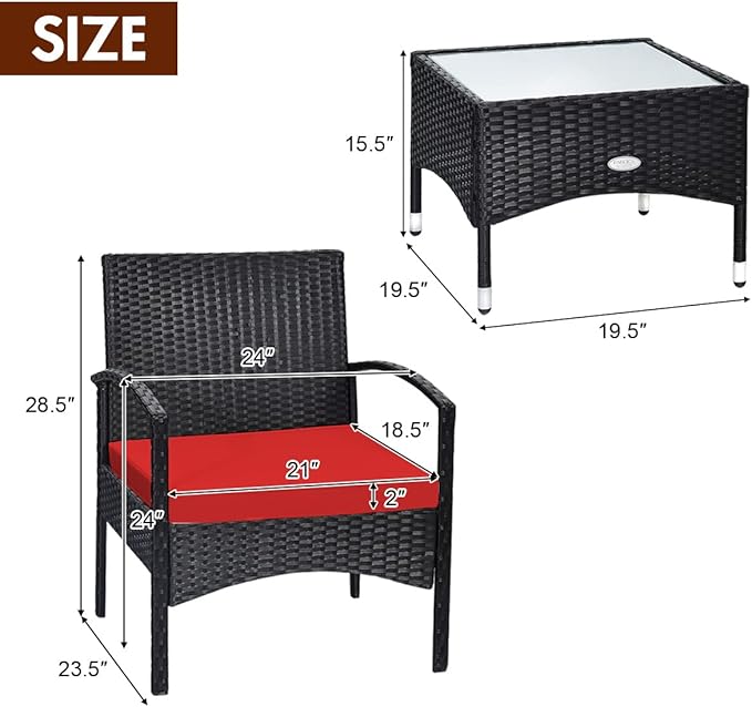 COSTWAY 3 PCS Patio Wicker Conversation Set, PE Rattan Sofa with Tempered Glass Coffee Table, 2 Chairs, 2 Cushions, Outdoor Patio Furniture Set for Yard Porch Bistro Balcony Backyard Pool, Red