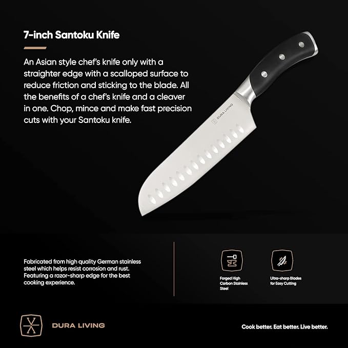 7-Inch Santoku Knife – Ultra-Sharp German High Carbon Stainless Steel, Full Tang, Ergonomic Handle, Multipurpose Kitchen Knife for Chopping, Slicing, and Dicing, Black