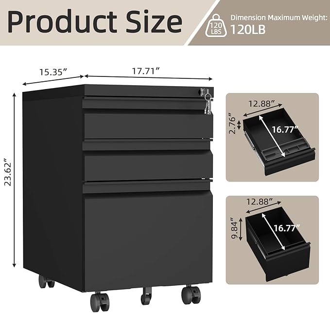 3 Drawer File Cabinet with Lock, Black Mobile File Cabinets for Home Office,Under Desk Small Filing Cabinet, Rolling File Cabinet for A4/Letter/Legal