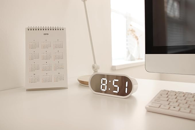 mooas Pop Mirror Digital Alarm Clock, LED Desk Clock with Nightlight, Snooze, Indoor Temperature, Battery Operated Small Size Clock for Kids Girls Bedroom Livingroom Office (White)