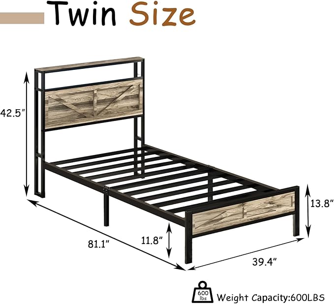 Twin Bed Frame with Charging Station and LED Lights, Twin Size Metal Platform Bed Frame with Storage and Rustic Barn Door Headboard, Heavy Duty Steel Slats Support, No Box Spring Needed, Wash Grey