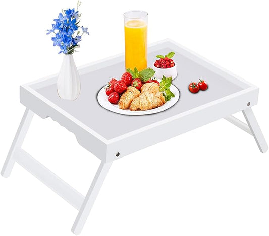 Bed Tray Table for Eating with Folding Legs, Bamboo Breakfast Table in Bed for Eating on Couch, Bed, Laptop Computer Tray(White, Medium)