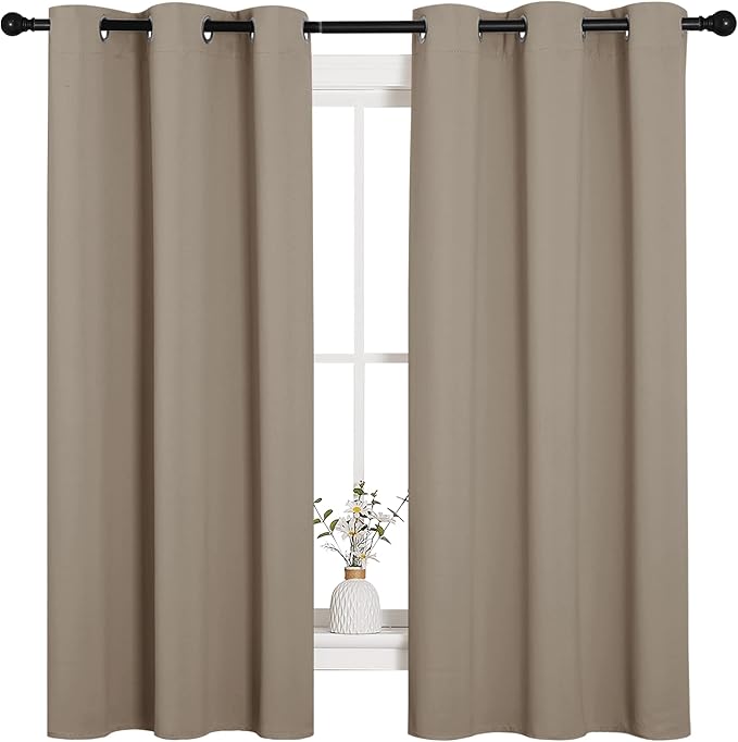 NICETOWN Sleek Blackout Curtains 63 inches Length for Small Windows, Noise Reducing and Block Draft Panels for Door Doorway Laundry Office Luxury Decor Theme (2 Panels, Taupe, W42 x L63 -Inch)