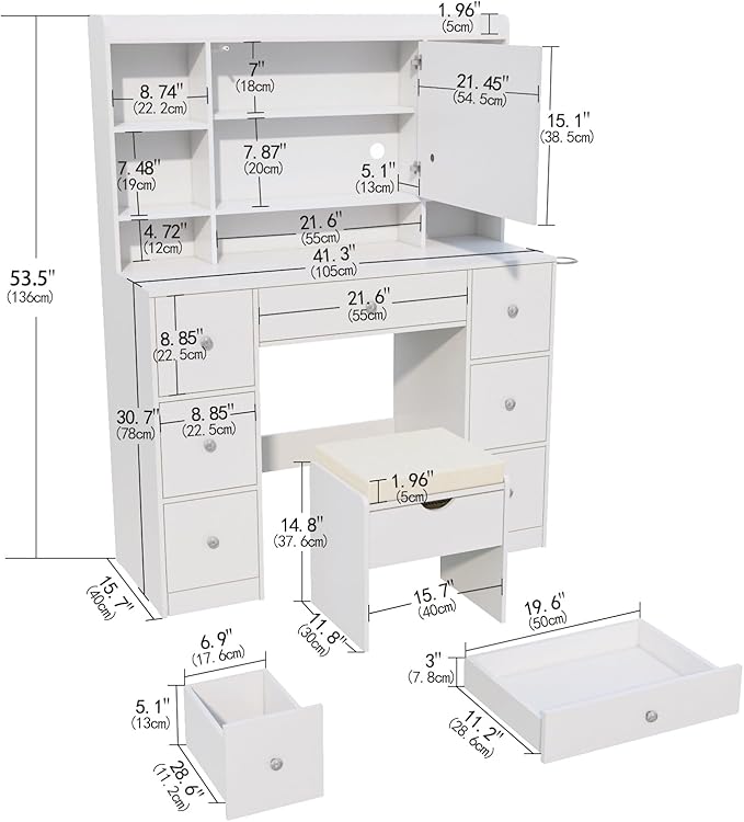 Vanity Desk with Mirror & LED Lights, Built-in Power Outlet, Dimmable LED Lighting, 7 Drawers & 7 Storage Compartments, Includes Padded Stool – Ideal Table for Bedroom Dressing Room (White)