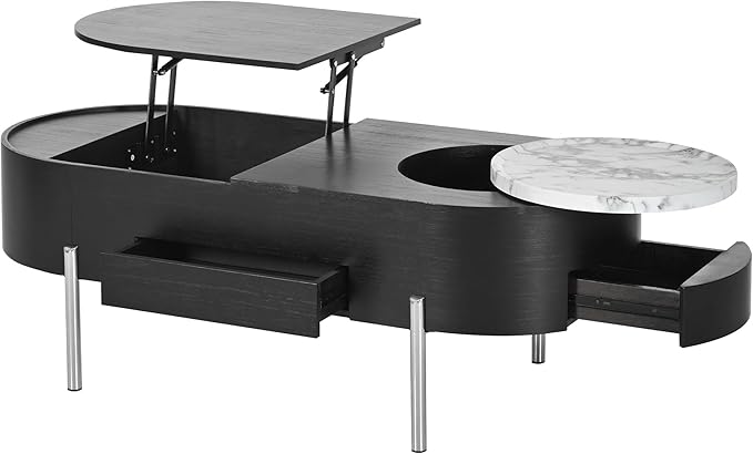 WILLIAMSPACE 47.2" Oval Lift Top Coffee Table with 360-degree Marble-Patterned Rotating Tray, Modern Wooden Center Table Side End Table Lift Tabletop with Hidden Compartment for Living Room, Black