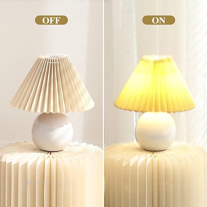 Zenply Korean Pleated Ceramic Table Lamp, Small, Beige, Vintage