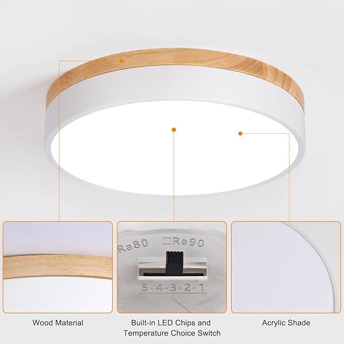 Dimmable Wood LED Flush Mount Ceiling Light, 5CCT 2700K-6000K Modern Round Close to Ceiling Lighting Fixtures, Minimalist White Ceiling Lamp for Bedroom, Kitchen, Hallway, Laundry Room
