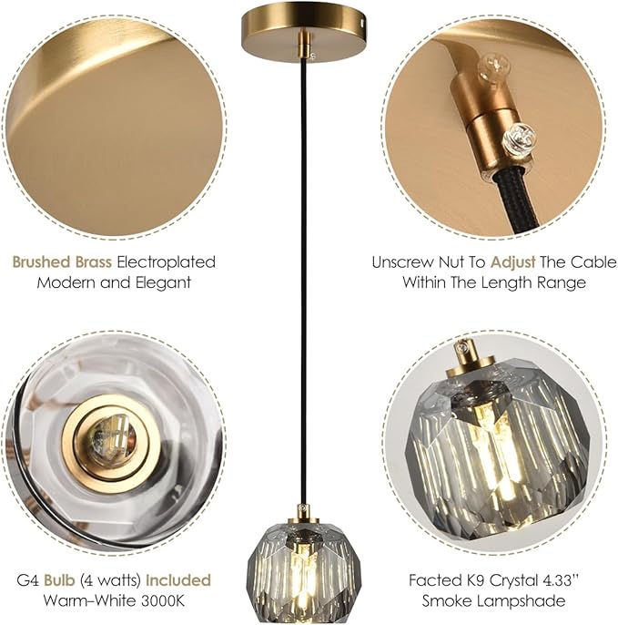 Crystal Pendant Light, Smoke Crystal Pendant Light Fixture Kitchen Island, Small Prism Pendant Hanging Lighting Fixture for Dining Room Bedroom