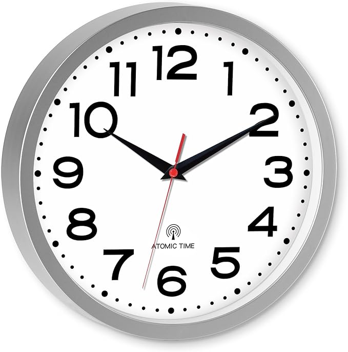 Atomic Wall Clock 12 Inch, Modern Clock Battery Operated Classic Analog Decorative for Kitchen, Living Room, Office, Bedroom, Bathroom (Silver)