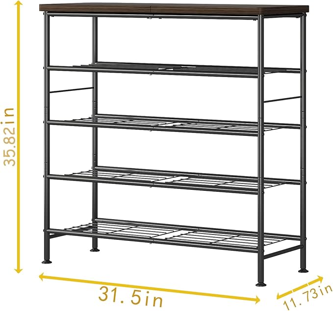 Shoe Rack Organizer 5 Tier for Closet Entryway Free Standing Metal Storage Shoe Shelf with MDF Top Board，Black+Rustic Brown