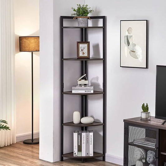 FATORRI Rustic Tall Corner Shelf, 5 Tier Industrial Corner Bookshelf for Living Room, Dark Wood and Metal Corner Plant Stand for Home Office (Walnut Brown)