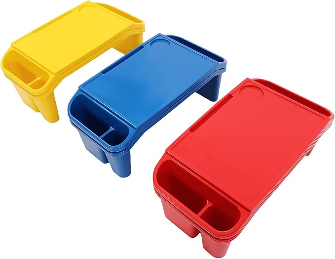 6 Pcs Kids Lap Desk Tray, Plastic Breakfast Lap Desk Trays with Side Pockets and Slot, Portable Lap Table Snack Tray for Eating, Writing, Drawing, Game, 19.69" L x 9.84" W x 7.1" H (3 Colors)