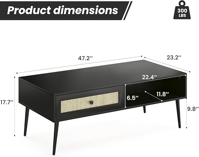 Farini Mid-Century Modern Coffee Table, 47 Inch Rectangle Console Table with Drawer & Shelf, Wooden Coffee Table for Living Room, Office, Black