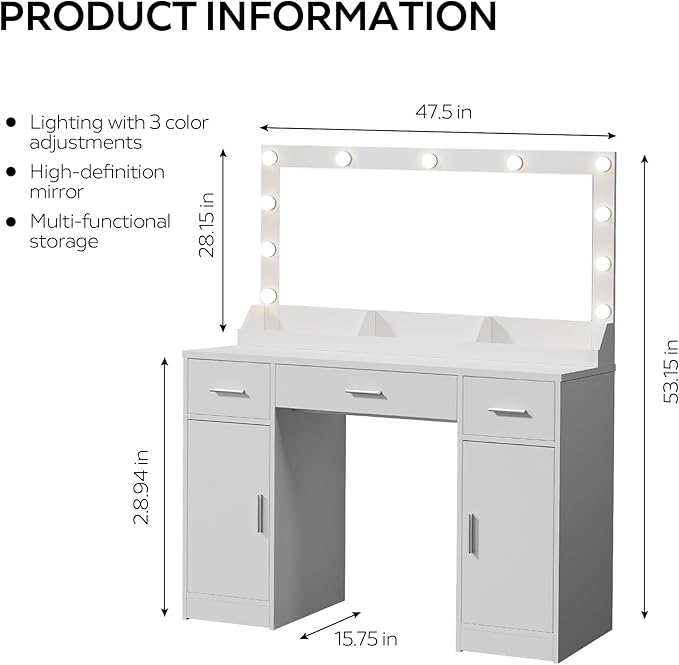 MIRROTOWEL 47.5” Vanity Desk with Large Mirror, 3 Colour Lighting Modes, Adjustable Brightness, Dresser with 3 Drawers & 2 Vertical Cabinets, Makeup Vanity Table for Women Girls