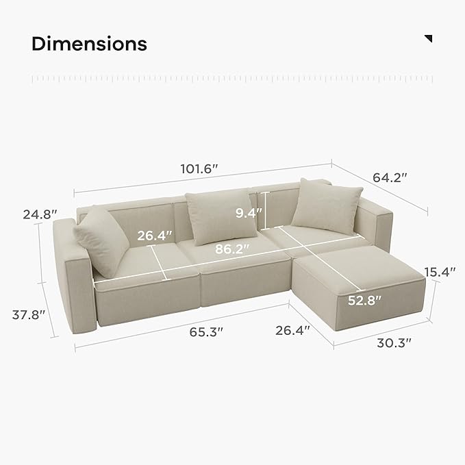Acanva Luxury Modular Sectional Living Room Sofa Set, Modern Minimalist Style Couch with Ottoman and Chaise, L-Shape, Linen-Like Cream