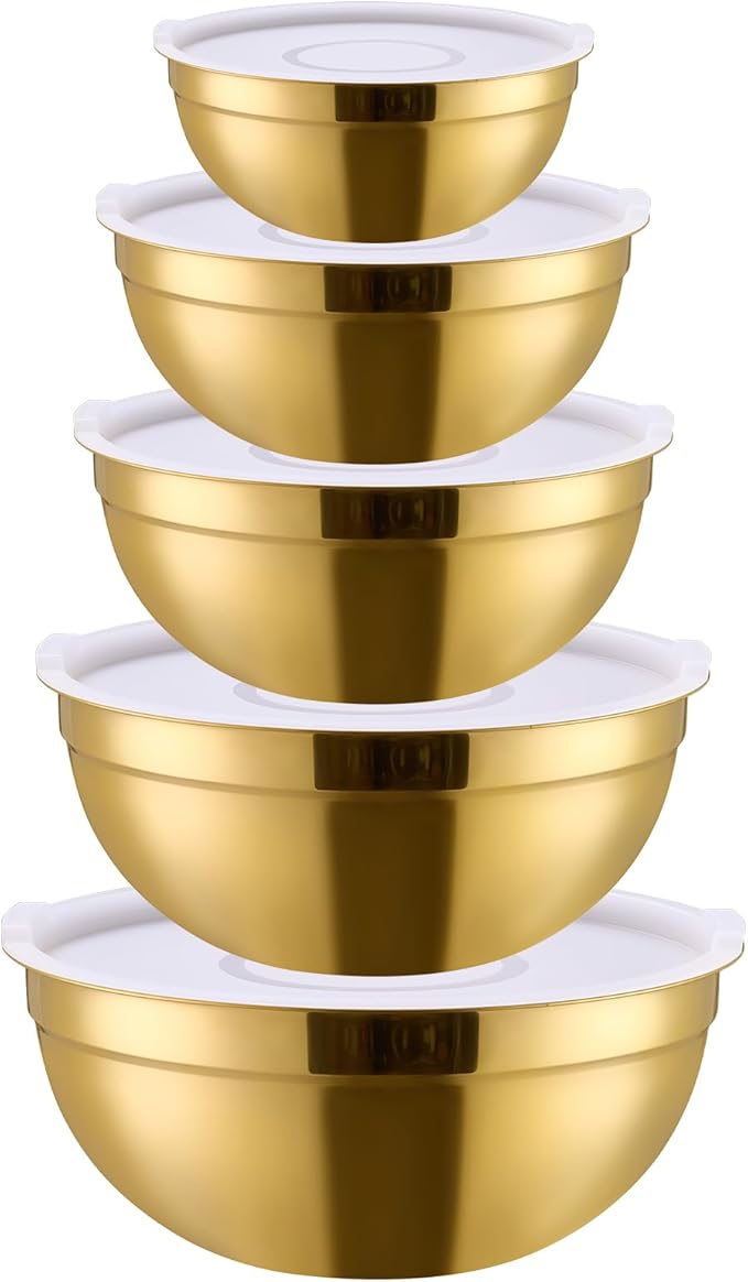 5 Piece Gold Mixing Bowls with Lids for Kitchen, Stainless Steel Mixing Bowls Set Ideal for Baking, Prepping, Cooking and Serving Food, Nesting Metal Mixing Bowls for Space Saving Storage, 1