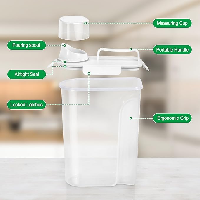 TBMax Airtight Rice Container 10 Lbs Cereal Dispenser, Small Pet Cat Dog Food Storage Container, Plastic Kitchen Pantry Food Storage Holder with Cup -White