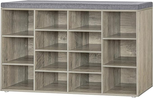 DINZI LVJ Shoe Storage Bench with Cushion, 14-Cubby Shoe Rack, Adjustable Shelves, Multifunctional Shoe Organizer Bench for Entryway, Mudroom, Hallway, Living Room, Bedroom and Garage, Gray Wash