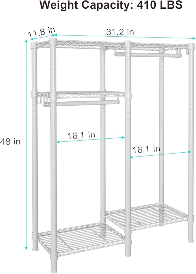 Ulif F1 Garment Rack for Kids, Baby, Students, and Children's Room, 4 Tiers Freestanding and Portable Heavy Duty Closets, Small Metal Clothes Rack with 2 Hanging Rod, 31.2" W x 11.8" D x 48" H, White