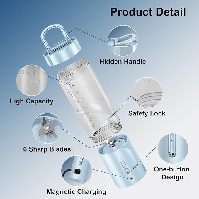 Portable Personal Blender for Juice, Shakes and Smoothies with Insulated Sleeve - 16 Oz Mini Blender Cup with 6 Blades, USB Rechargeable, BPA Free - Small Blender for Kitchen, Travel, Office, Gym