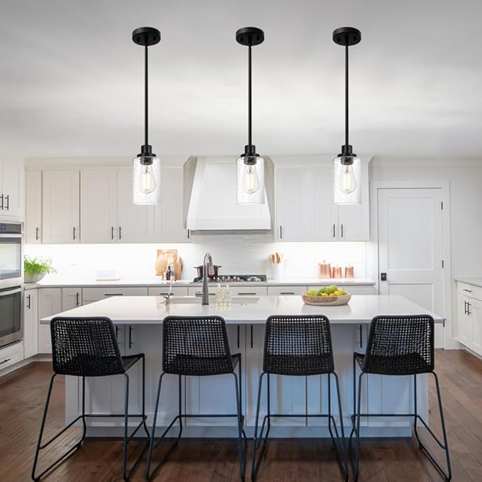 Black 1-Light Pendant Light with Seeded Glass Shade, Farmhouse Mini Chandelier Ceiling Lighting for Kitchen Island Bar Loft, Hanging Ceiling Lamp E26 Bulb Base