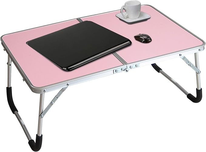 Foldable Laptop Table, Bed Desk, Breakfast Serving Bed Tray, Portable Mini Picnic Table & Ultra Lightweight, Folds in Half with Inner Storage Space (Pink)