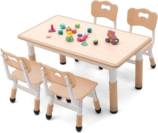 Unicoo Kids Table and Chairs Set, Height Adjustable Multi-Activity Preschool Table with Graffiti Desktop for Ages 2-8 Versatile Kids Tables for Play, Learning, and Creativity(Maple Top/Natural Border)