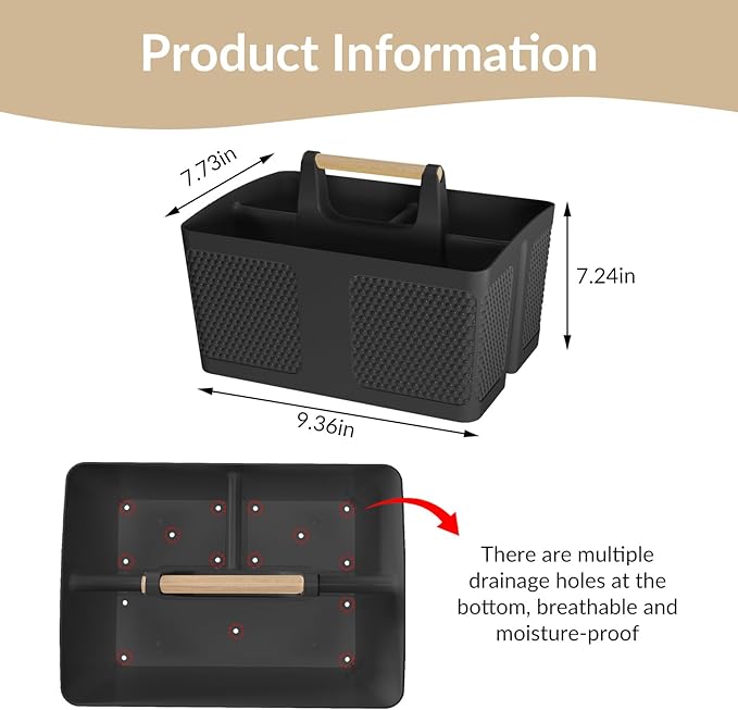 Shower Caddy Portable and Cleaning Caddy Organizer for Bathroom, Kitchen, Toiletries Storage ，Caddy organizer with handle, Rust-Resistant, Durable Material (Black, 9.36" L×7.73" W×7.24" H)