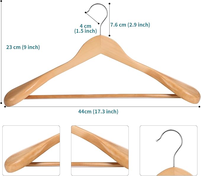 Solid Wood Suit Hangers, 6 Pack, Coat Hangers with Non Slip Trouser Bar, 360° Swivel Hook, Heavy Duty Wide Hangers for Suit, Coat, Jacket, Trousers, Pants,17.3" W x 9" H, Natura AWY0406N