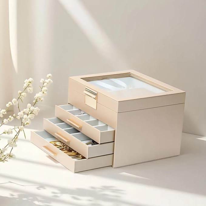 BOOVO Clear Lid Jewelry Box,4 Layers Jewelry Organizer Large Jewelry Storage Box with 3 Drawers,Jewelry Holder Organzier of Rings Earrings Necklace Bracelets for Women (Champagne, 4 Layer)