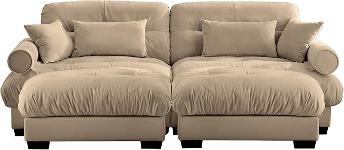 Ball & Cast 93.7" Loveseat Modular Sectional Sofa,Modern Oversized 2 Seater L-Shaped Couch with Round Bolster Armrest,Waist Pillow and Throw Pillows,for Living Room,Home Theater,Apartment,Velvet,Camel