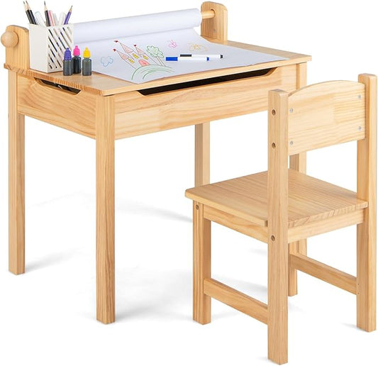 Costzon Kids Table and Chair Set, Flip Top Kids Art Craft Table w/Chair for Playroom Kindergarten, Toddler Drawing Writing Desk Set w/Paper Roll & 2 Markers, Gift for Boys Girls Ages 3+ (Natural)