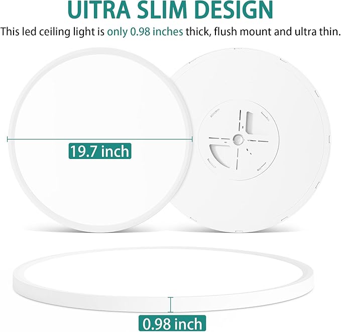 20 Inch Dimmable LED Ceiling Light Fixture, Ultra Thin Flush Mount, 40W 4000Lumen, 3 Color Changeable, Round, White, for Dining Room, Kitchen, Bedroom, Office, Hotel
