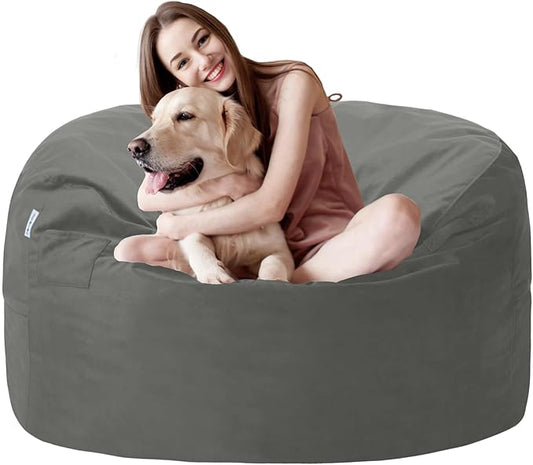 3FT Bean Bag Chair with Ultra Soft Velvet Cover Bean Bag Sofa with Memory Foam Bean Bag Chairs with Large Size Lazy Sofa for Dorm Office Living Room Bedroom Light Grey 3'