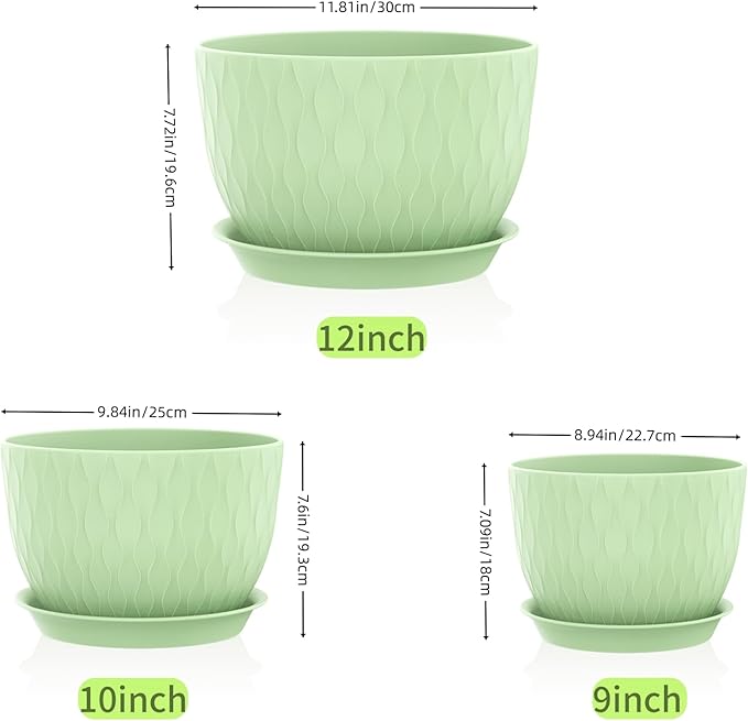 12/10/9 Inch Plant Pots, 3 Pack Large Flower Pots for Indoor and Outdoor Plants with Water Ripples, Large Plastic Flower Pots with Drainage Holes and Tray for Garden Indoor Plants