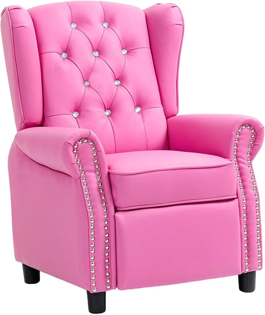 AVAWING Kids Wingback Recliner Chair with Studded Tufted Backrest & Nailhead Trim, PU Leather Kids Chair with Adjustable Backrest and Footrest, for Bedroom or Nursery, Pink